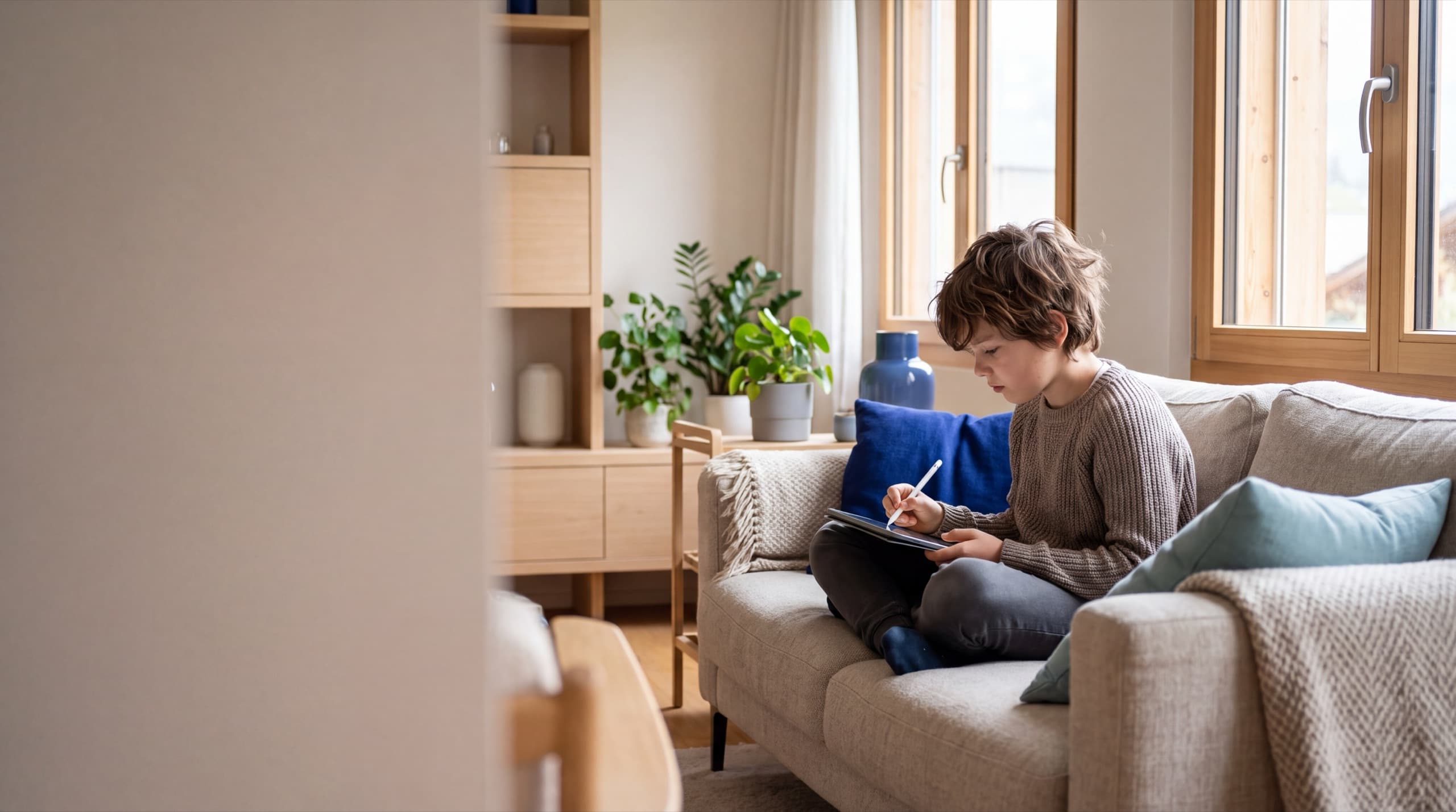 A child learning on a tablet in the living room